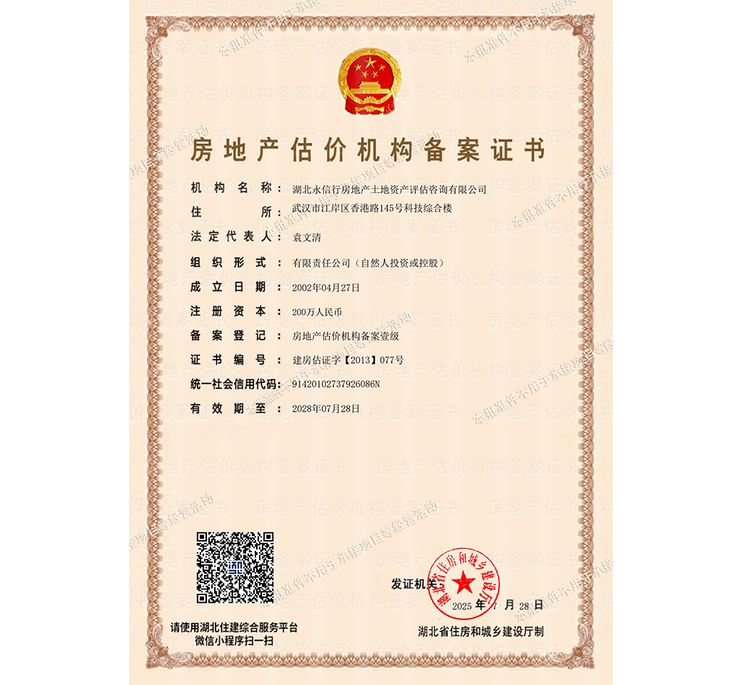 房地产估价机构壹级备案证书